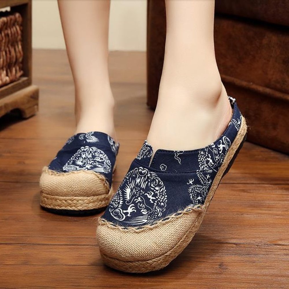 Old Beijing Navy Boho Print Canvas Espadrilles EUC sz 6
